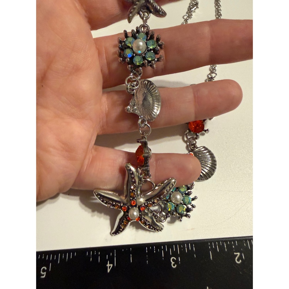 Silver Tone Nautical Starfish Seashell Statement Necklace Faux Pearl Rhinestone